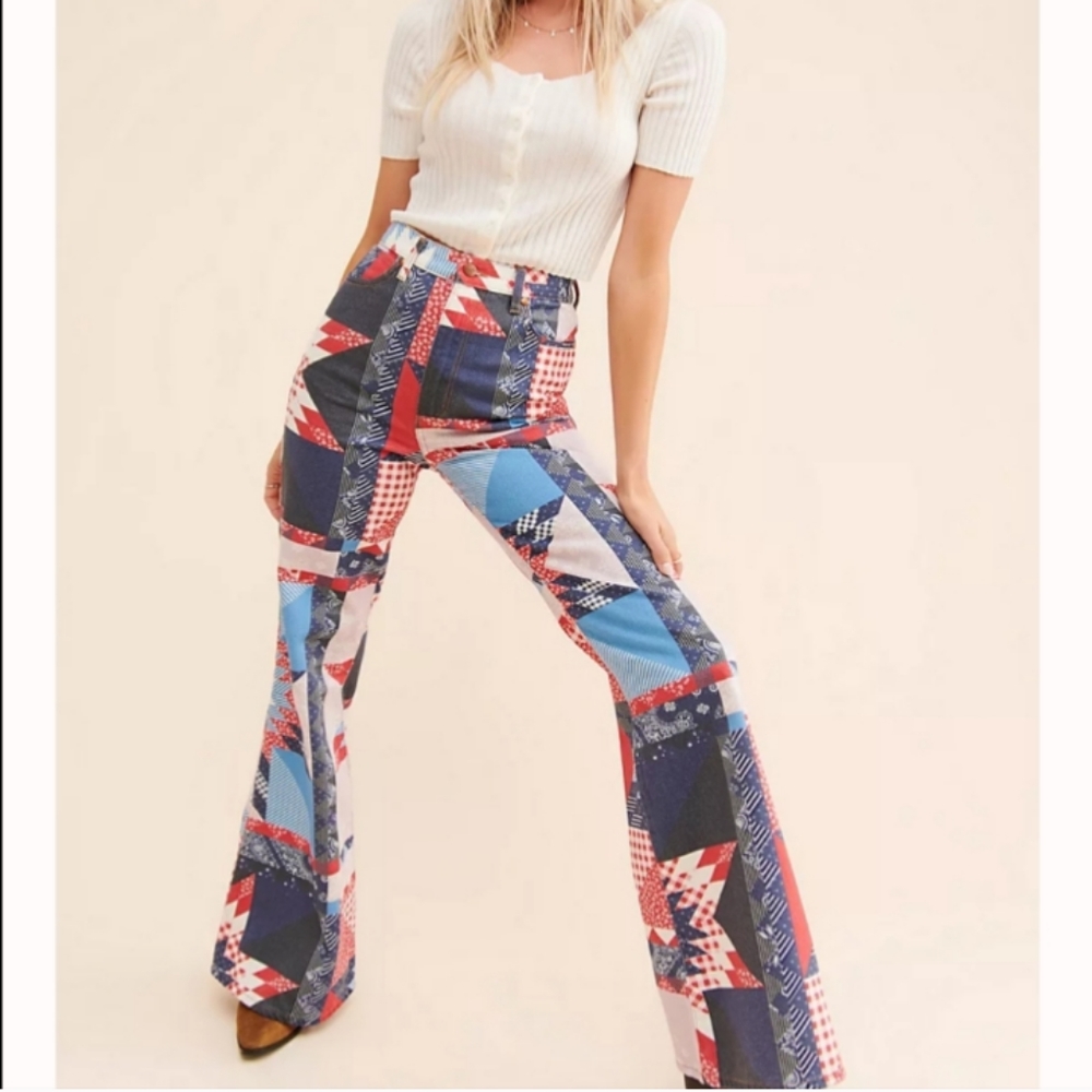Wrangler Women's Flare Jeans - Blue and Red Patchwork - Picture 2 of 7